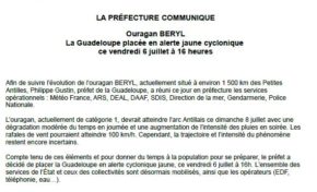 Béryl, la préfecture de la Guadeloupe communique