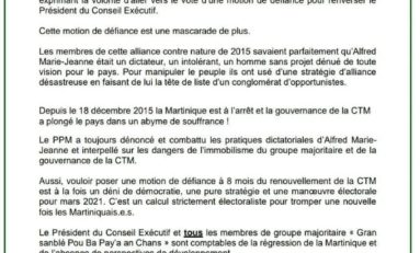 Motion de défiance à la CTM : le PPM refuse de déboulonner Alfred Marie-Jeanne. Nilor va être furieux.